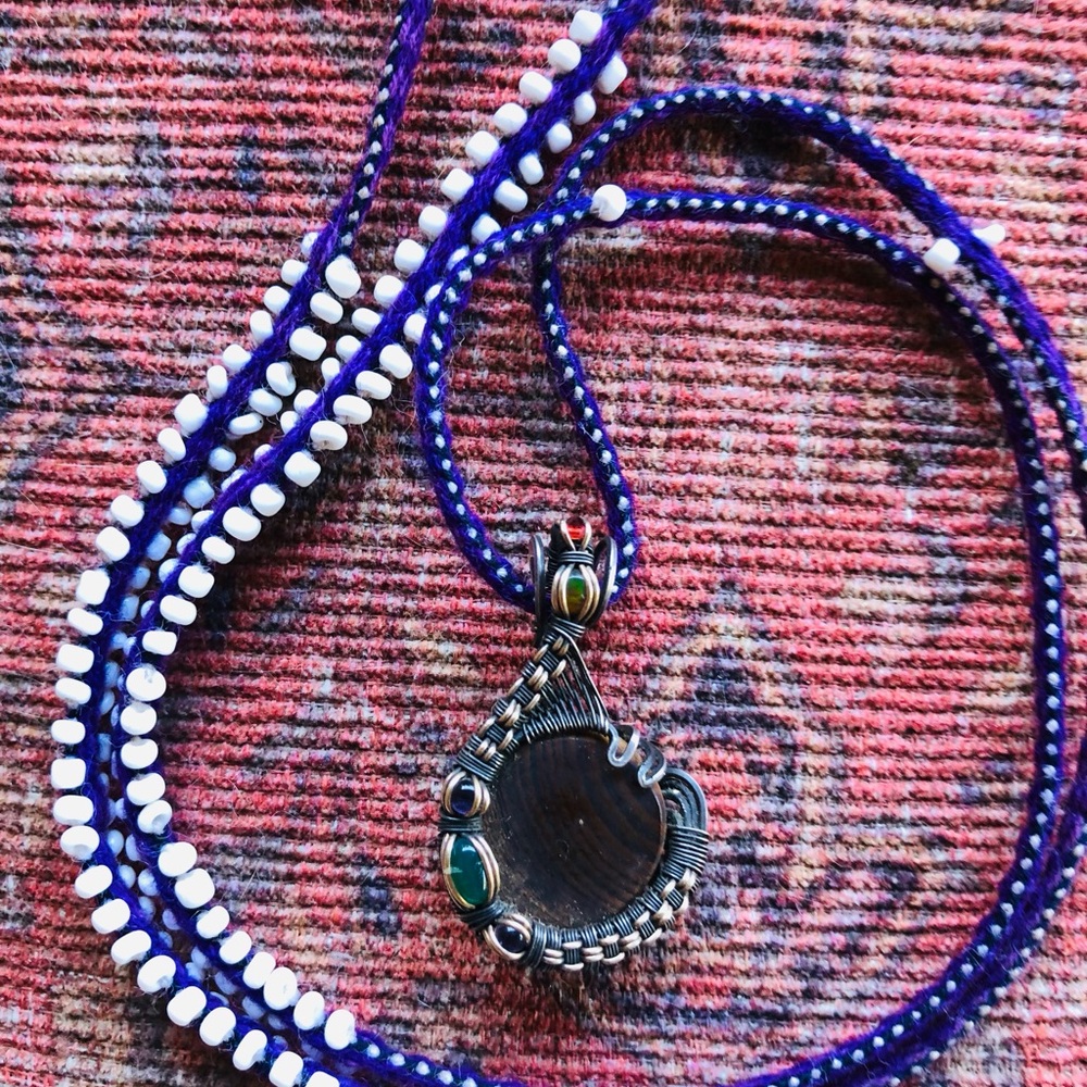 Handcrafted Wire-Wrapped wood Pendant Necklace with crystals.